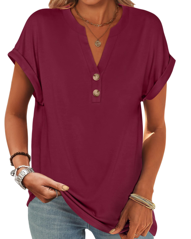 Manon top pre ženy – blúzka Henley s výstrihom do V a zapínaním na gombíky, voľný casual chic letný strih