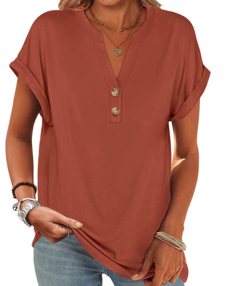 Manon top pre ženy – blúzka Henley s výstrihom do V a zapínaním na gombíky, voľný casual chic letný strih