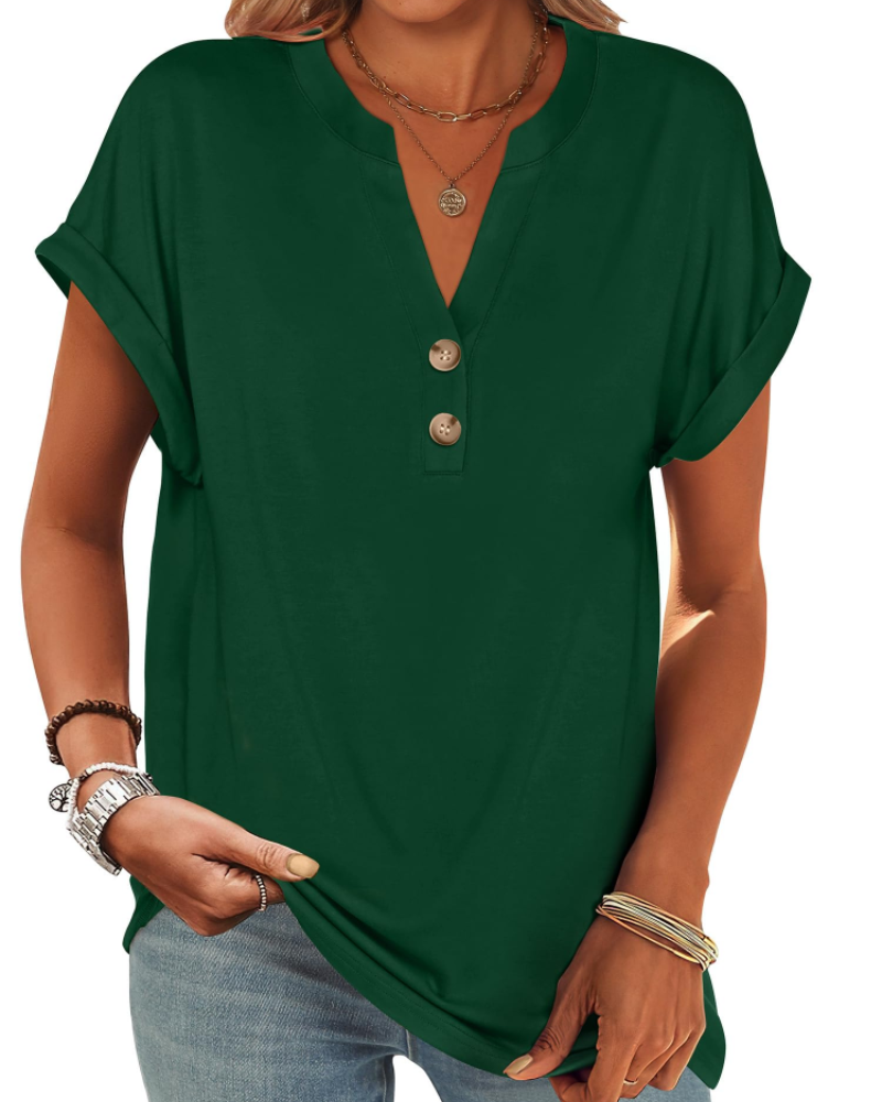 Manon top pre ženy – blúzka Henley s výstrihom do V a zapínaním na gombíky, voľný casual chic letný strih