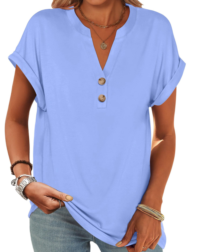 Manon top pre ženy – blúzka Henley s výstrihom do V a zapínaním na gombíky, voľný casual chic letný strih