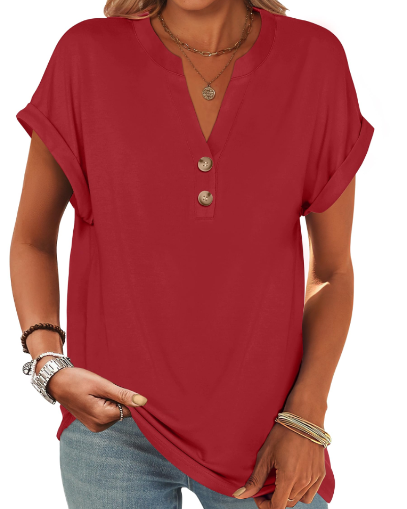 Manon top pre ženy – blúzka Henley s výstrihom do V a zapínaním na gombíky, voľný casual chic letný strih