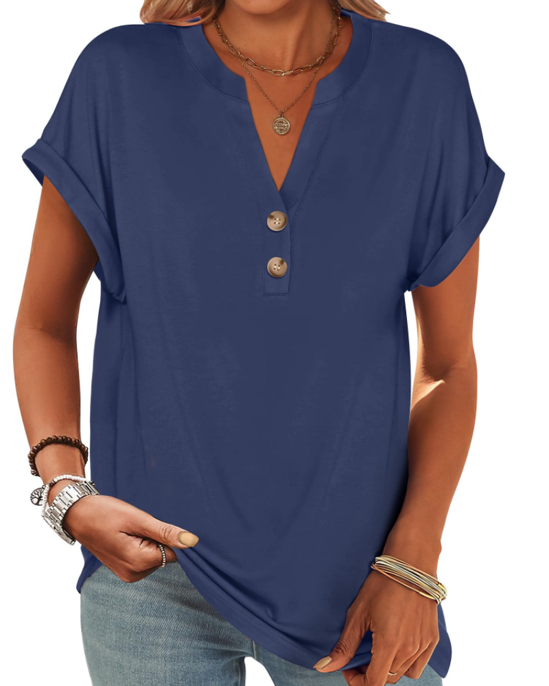Manon top pre ženy – blúzka Henley s výstrihom do V a zapínaním na gombíky, voľný casual chic letný strih