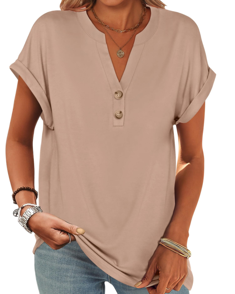 Manon top pre ženy – blúzka Henley s výstrihom do V a zapínaním na gombíky, voľný casual chic letný strih