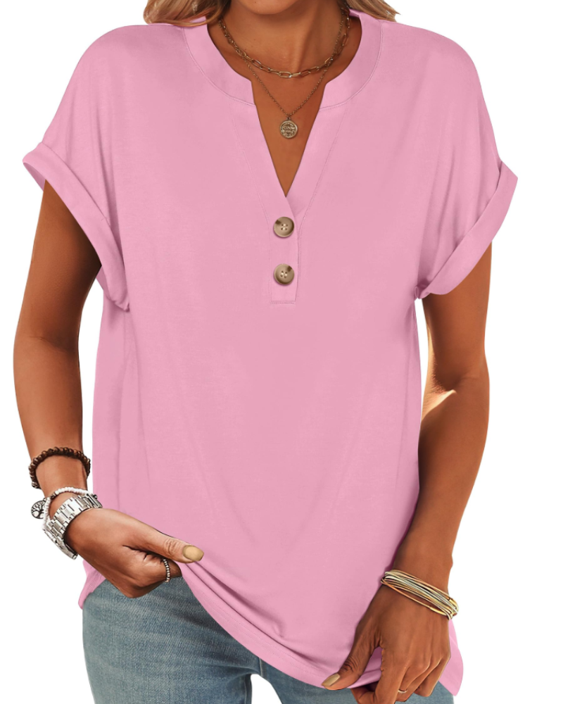 Manon top pre ženy – blúzka Henley s výstrihom do V a zapínaním na gombíky, voľný casual chic letný strih
