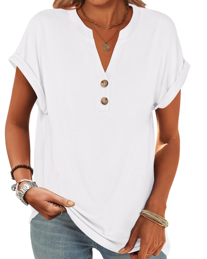 Manon top pre ženy – blúzka Henley s výstrihom do V a zapínaním na gombíky, voľný casual chic letný strih