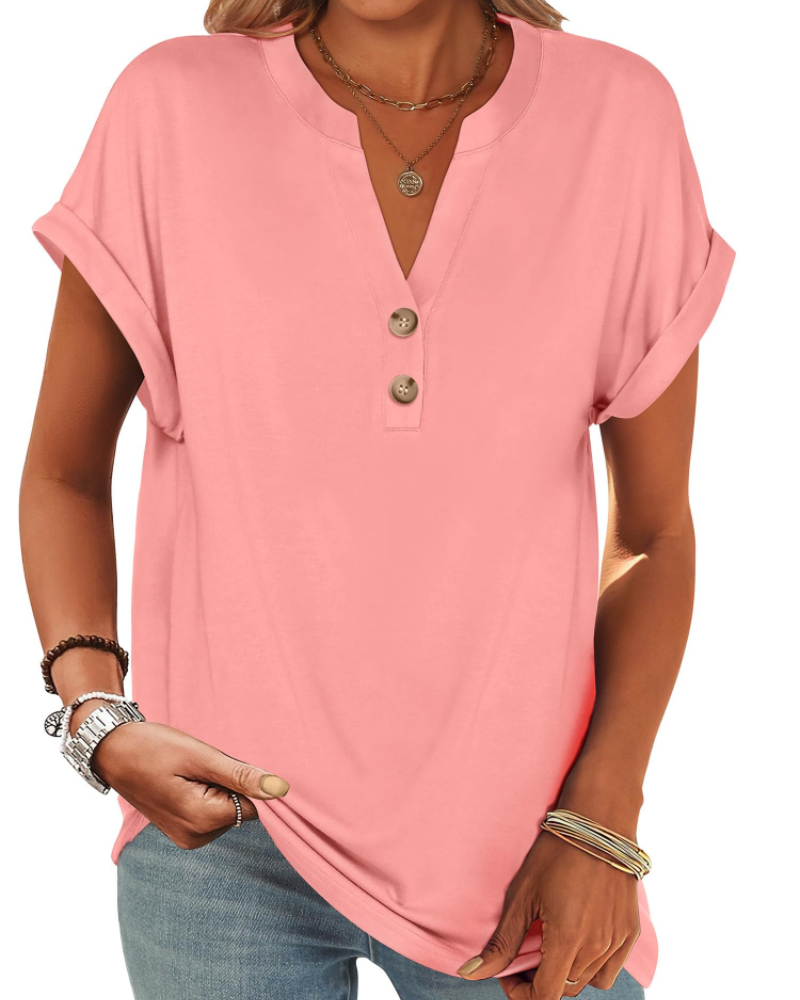 Manon top pre ženy – blúzka Henley s výstrihom do V a zapínaním na gombíky, voľný casual chic letný strih