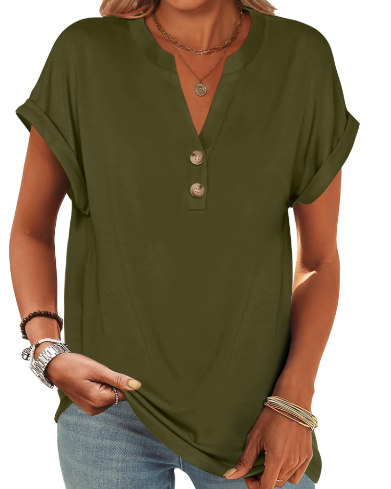 Manon top pre ženy – blúzka Henley s výstrihom do V a zapínaním na gombíky, voľný casual chic letný strih