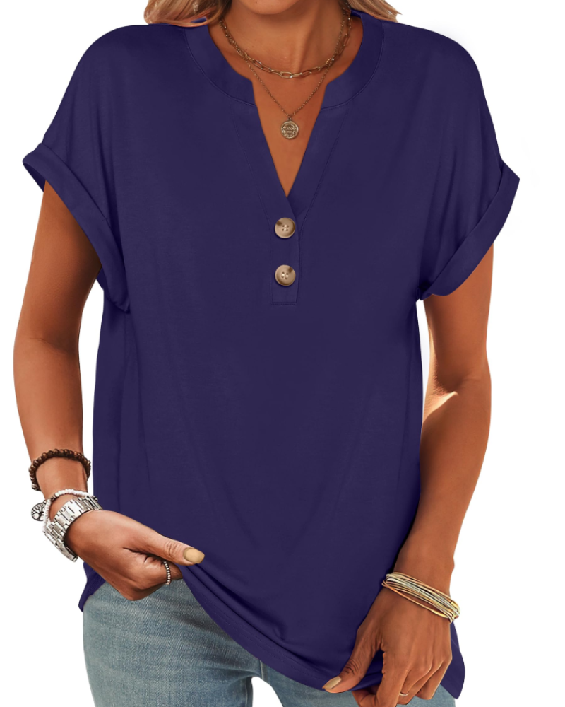 Manon top pre ženy – blúzka Henley s výstrihom do V a zapínaním na gombíky, voľný casual chic letný strih