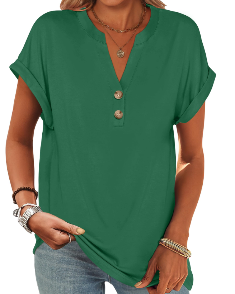 Manon top pre ženy – blúzka Henley s výstrihom do V a zapínaním na gombíky, voľný casual chic letný strih