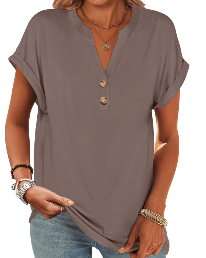 Manon top pre ženy – blúzka Henley s výstrihom do V a zapínaním na gombíky, voľný casual chic letný strih