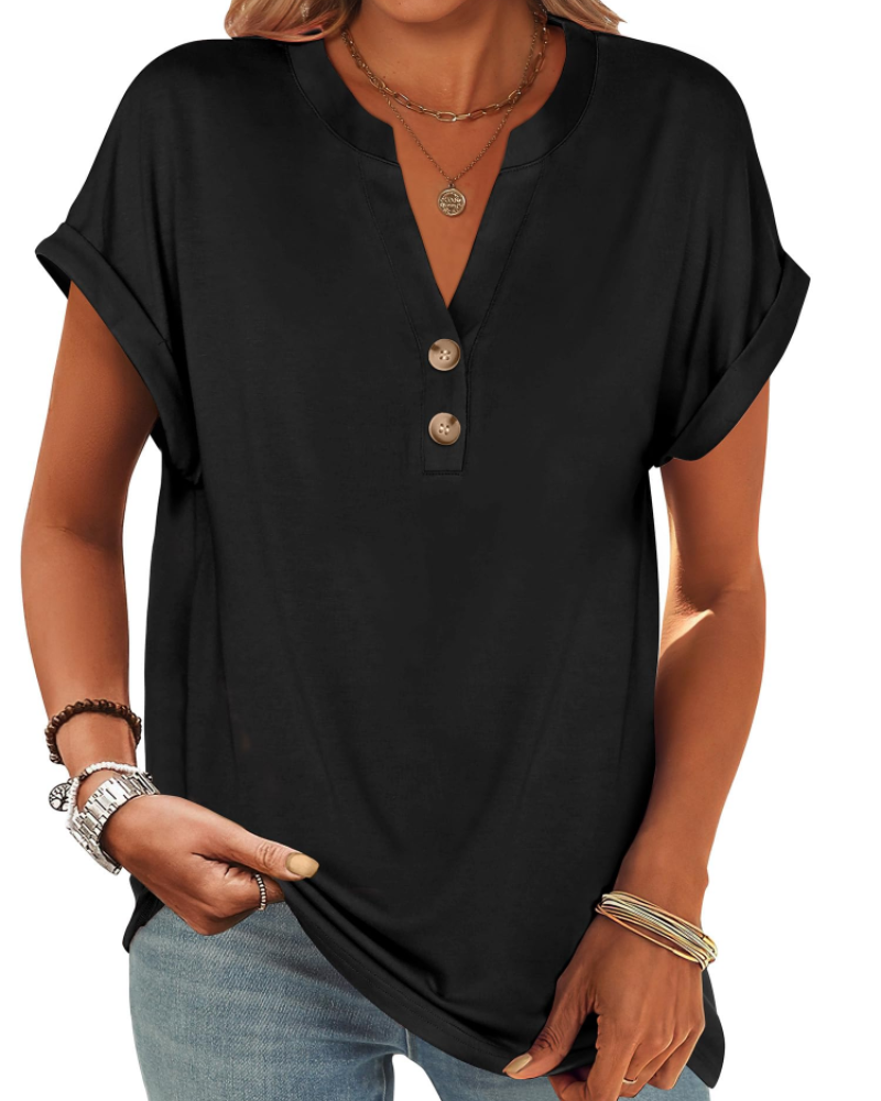 Manon top pre ženy – blúzka Henley s výstrihom do V a zapínaním na gombíky, voľný casual chic letný strih