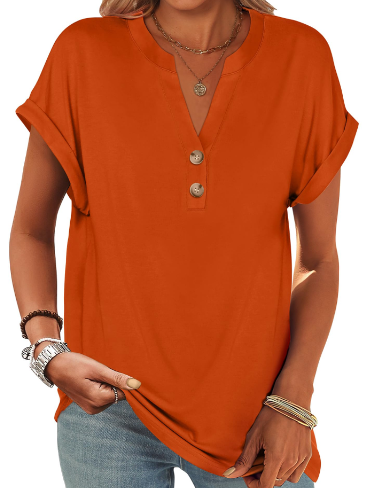 Manon top pre ženy – blúzka Henley s výstrihom do V a zapínaním na gombíky, voľný casual chic letný strih