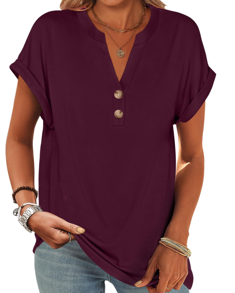 Manon top pre ženy – blúzka Henley s výstrihom do V a zapínaním na gombíky, voľný casual chic letný strih