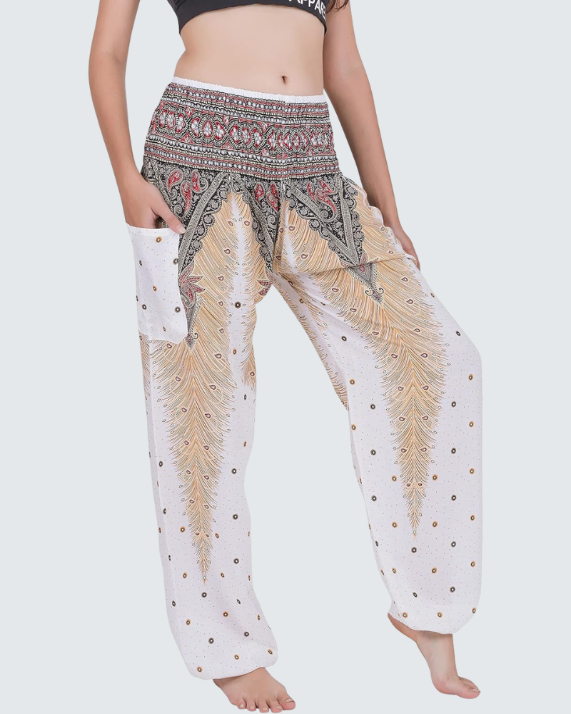Calças Harem Maye para Mulher Boémia – Calças de Yoga Fluídas com Cintura Fruncida e Bolso