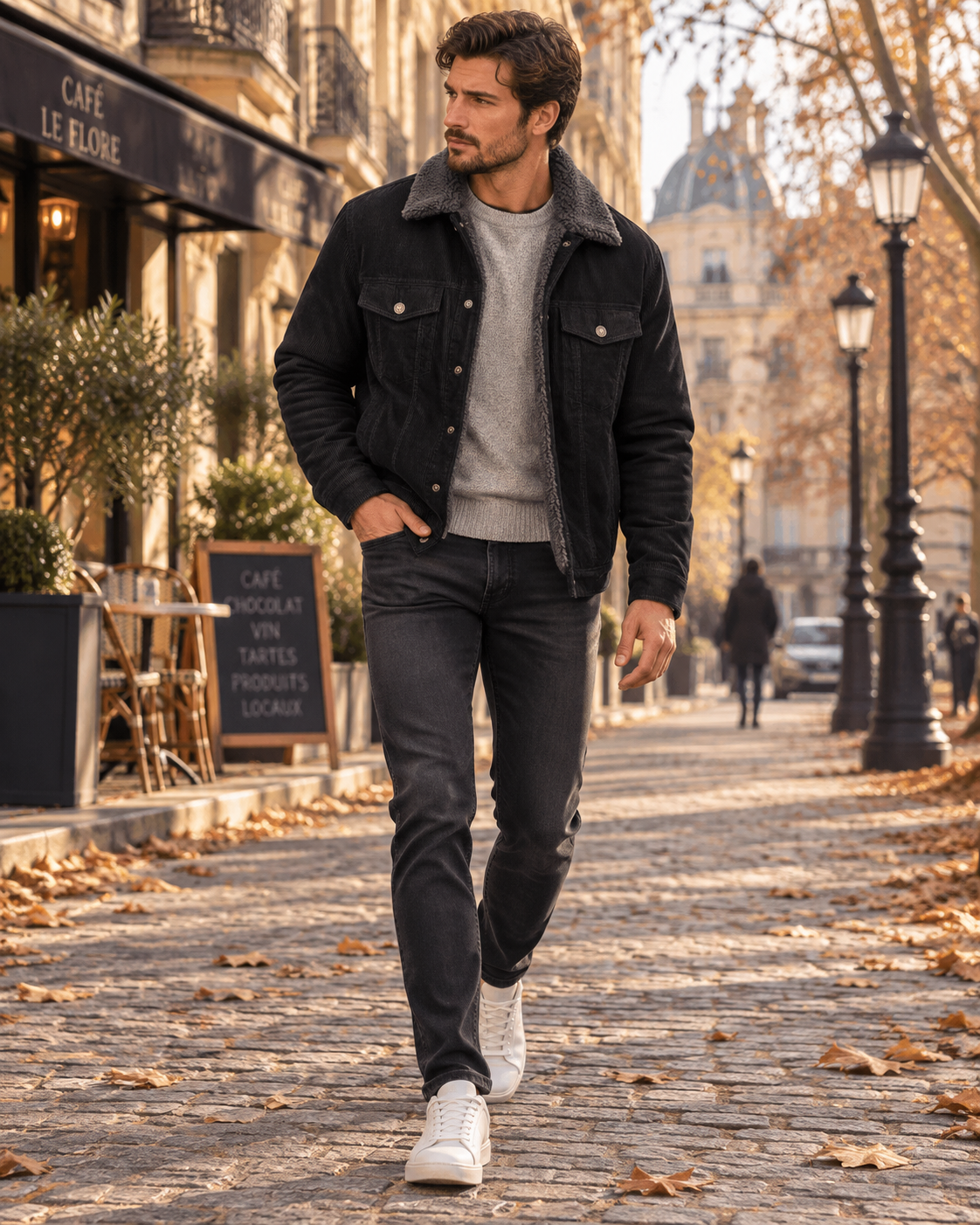 Conrad Men's Jacket – Corduroy, Sherpa Lining, Fold-Down Collar and Pockets