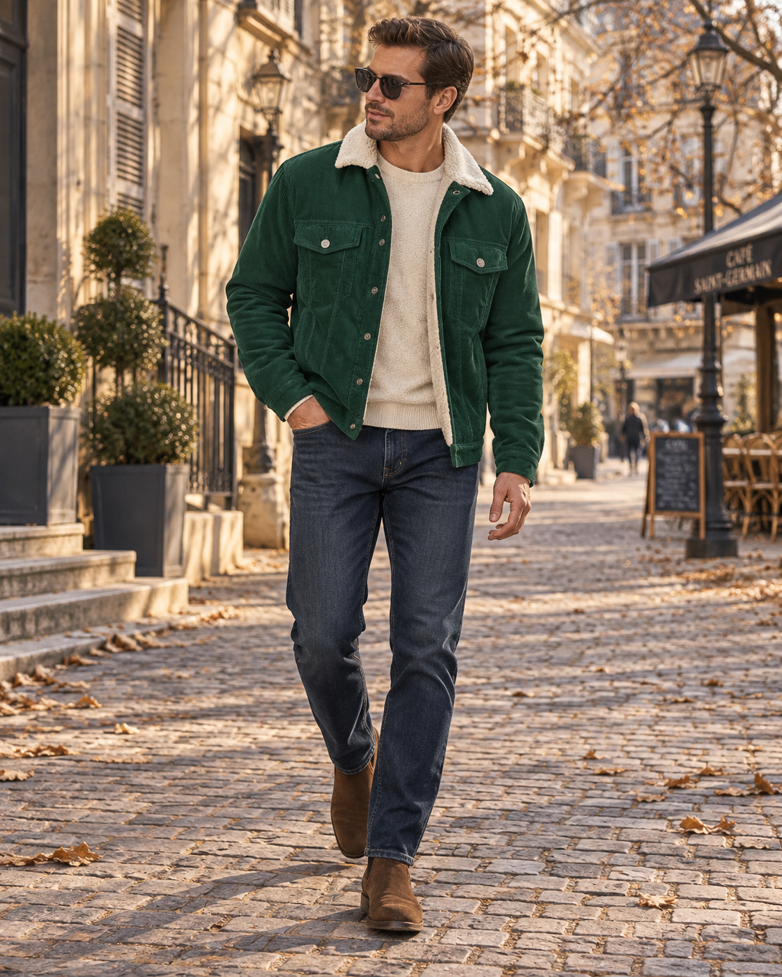 Conrad Men's Jacket – Corduroy, Sherpa Lining, Fold-Down Collar and Pockets