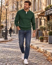 Calder Men's Henley Sweater – Cable Knit, Buttoned Collar & Long Sleeves