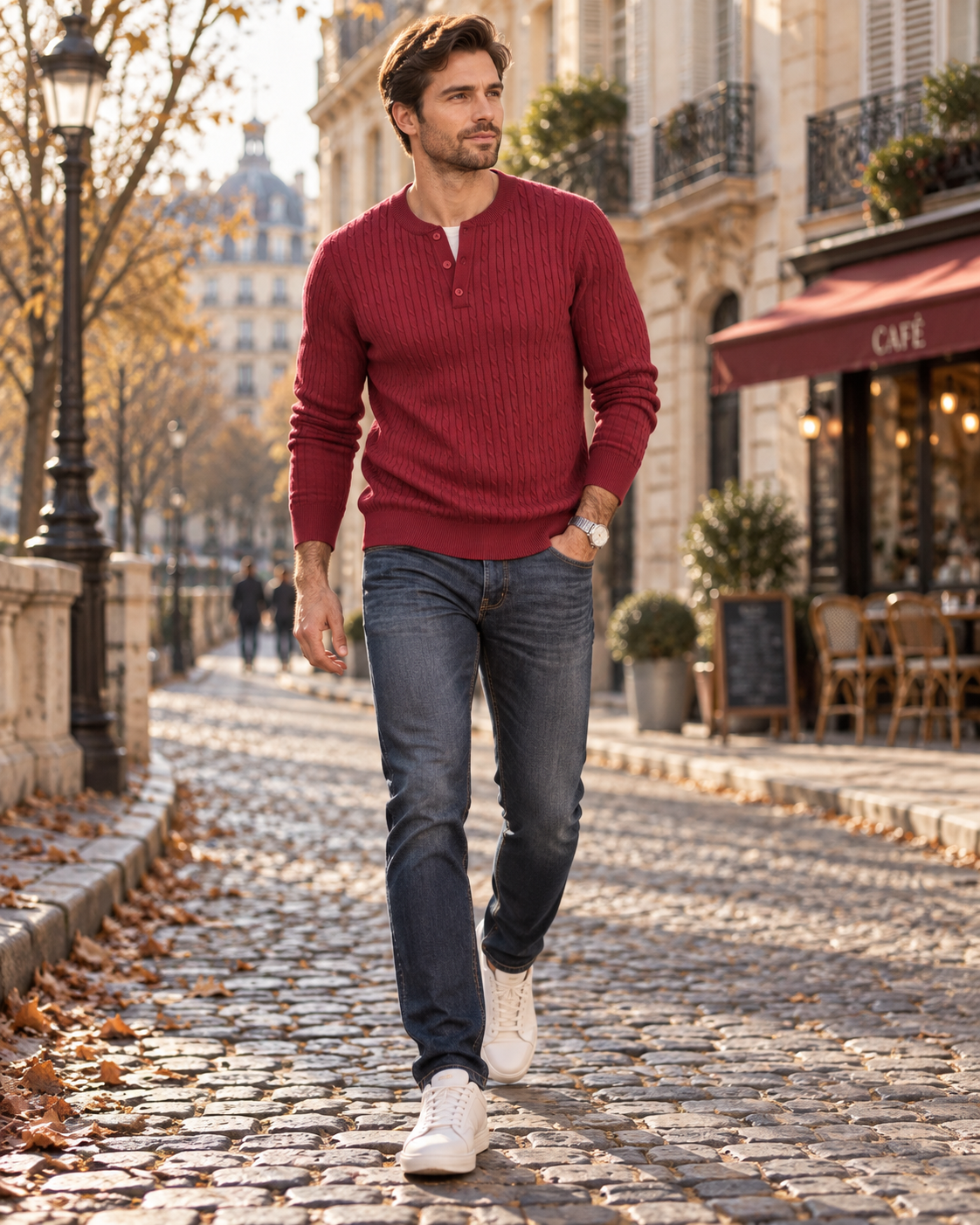 Calder Men's Henley Sweater – Cable Knit, Buttoned Collar & Long Sleeves