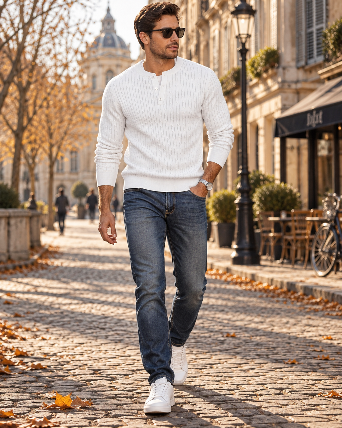 Calder Men's Henley Sweater – Cable Knit, Buttoned Collar & Long Sleeves