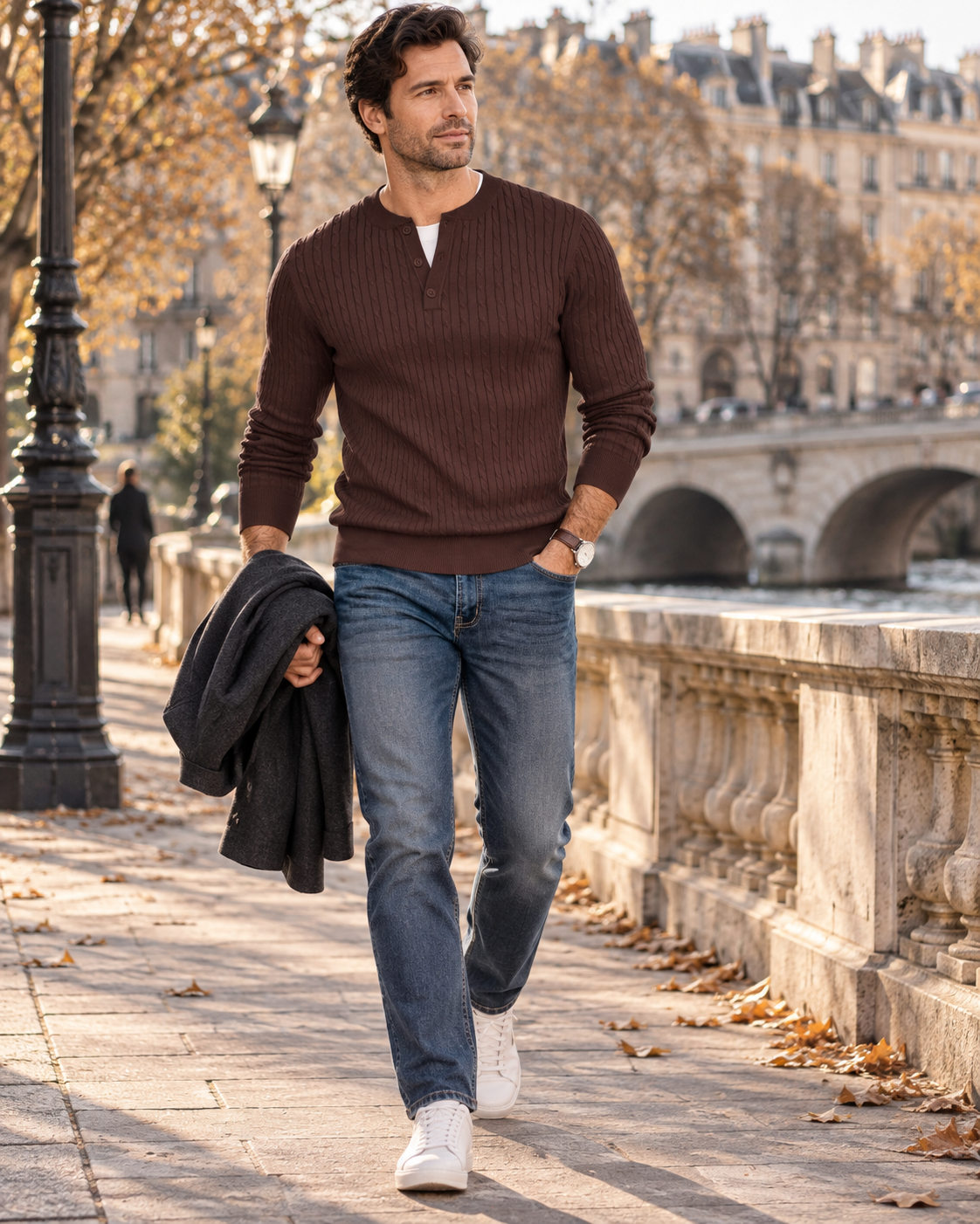 Calder Men's Henley Sweater – Cable Knit, Buttoned Collar & Long Sleeves