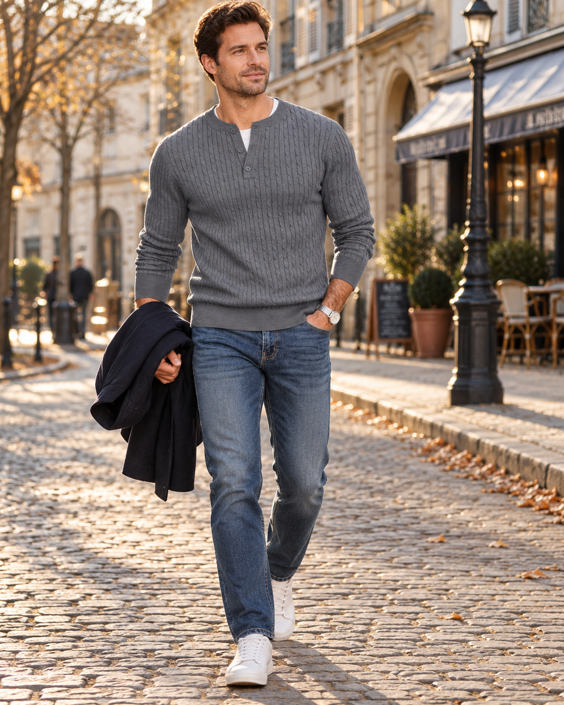 Calder Men's Henley Sweater – Cable Knit, Buttoned Collar & Long Sleeves