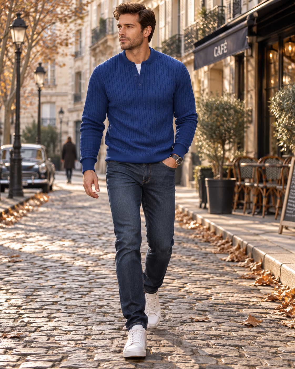 Calder Men's Henley Sweater – Cable Knit, Buttoned Collar & Long Sleeves