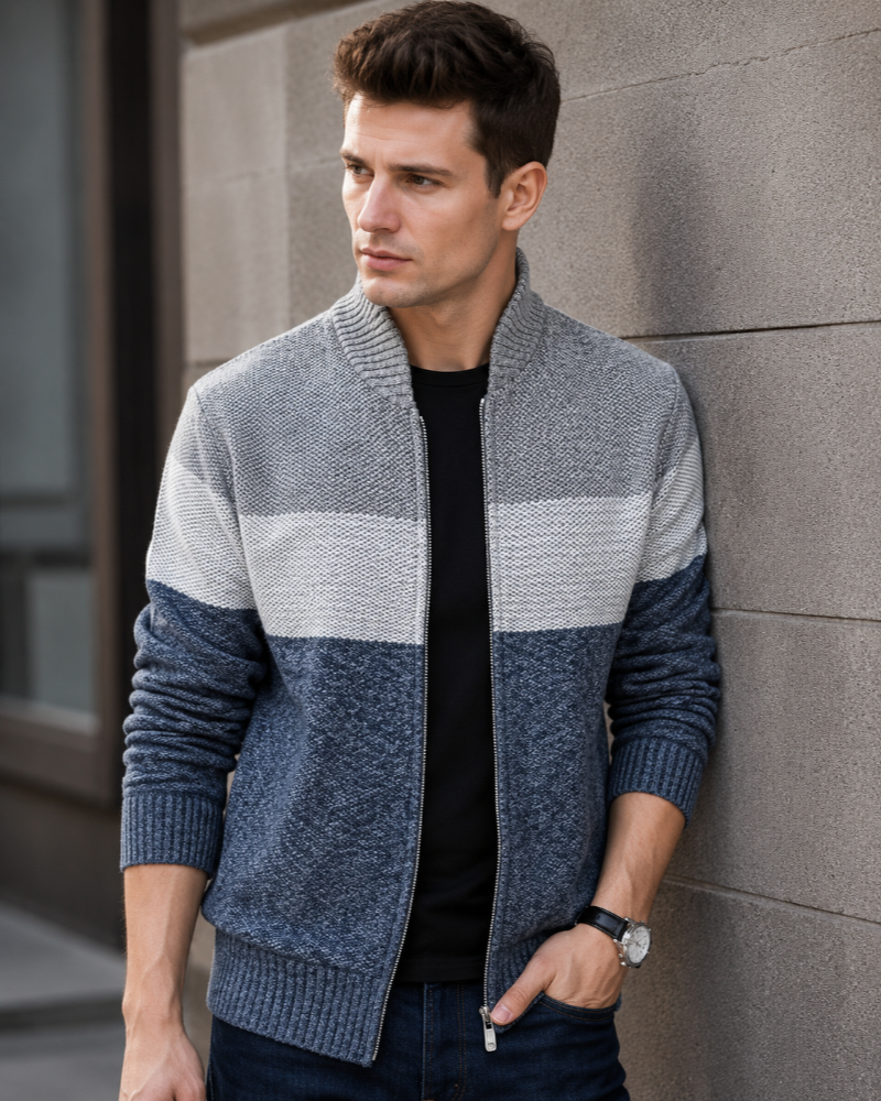 Cardigã masculino Quentin com fecho de correr – malha com blocos de cor, gola subida e mangas compridas