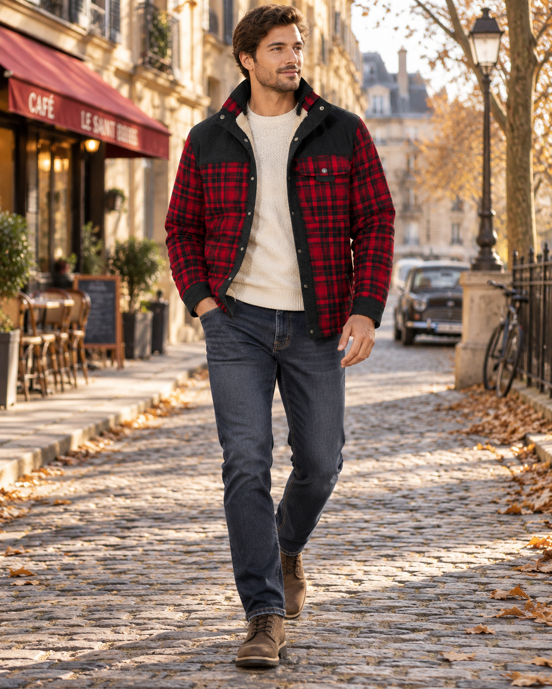 Cleo Sobrecamisa de cuadros para hombre con forro de borreguito - Pana y bolsillo en el pecho