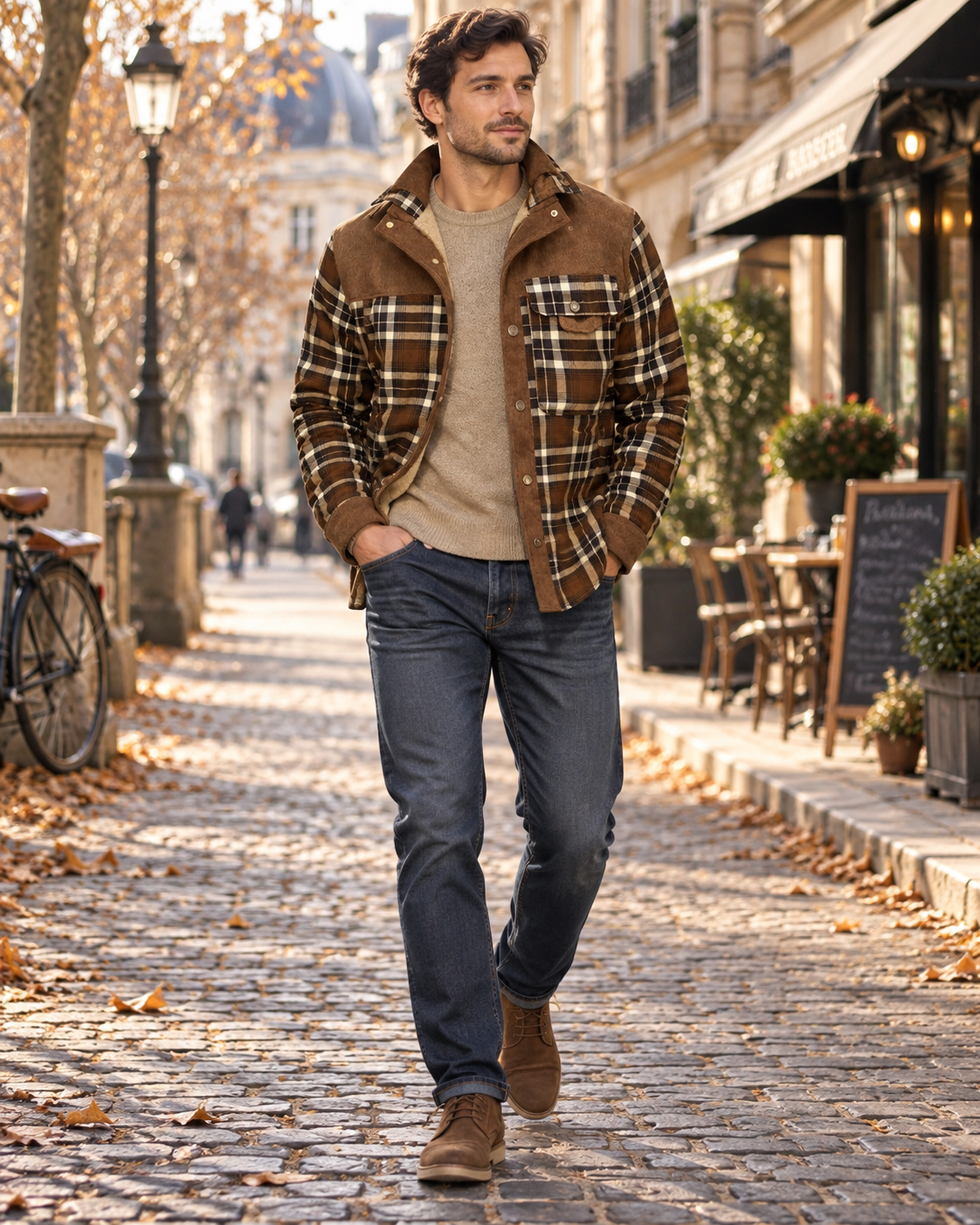 Cleo Sobrecamisa de cuadros para hombre con forro de borreguito - Pana y bolsillo en el pecho