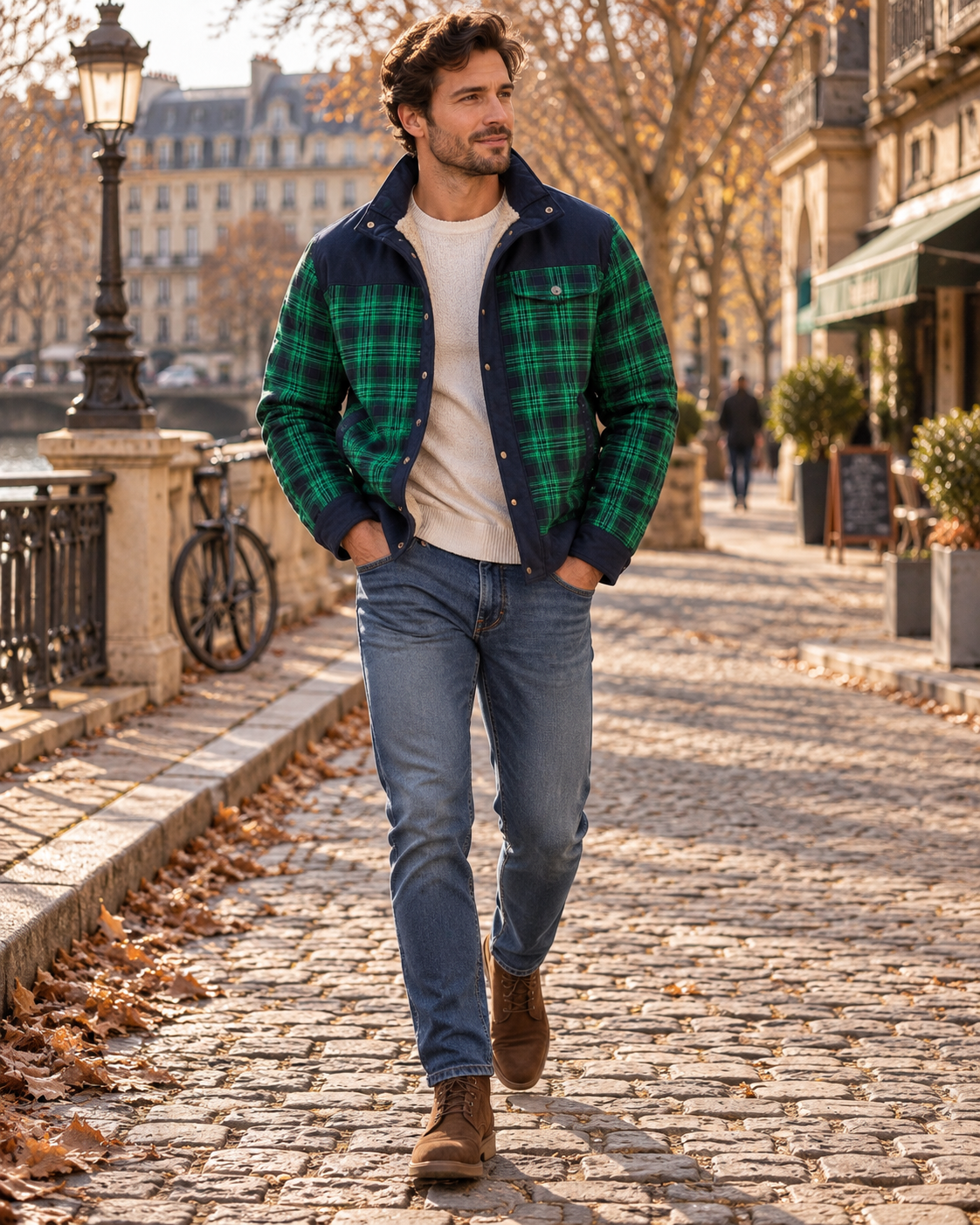 Cleo Sobrecamisa de cuadros para hombre con forro de borreguito - Pana y bolsillo en el pecho