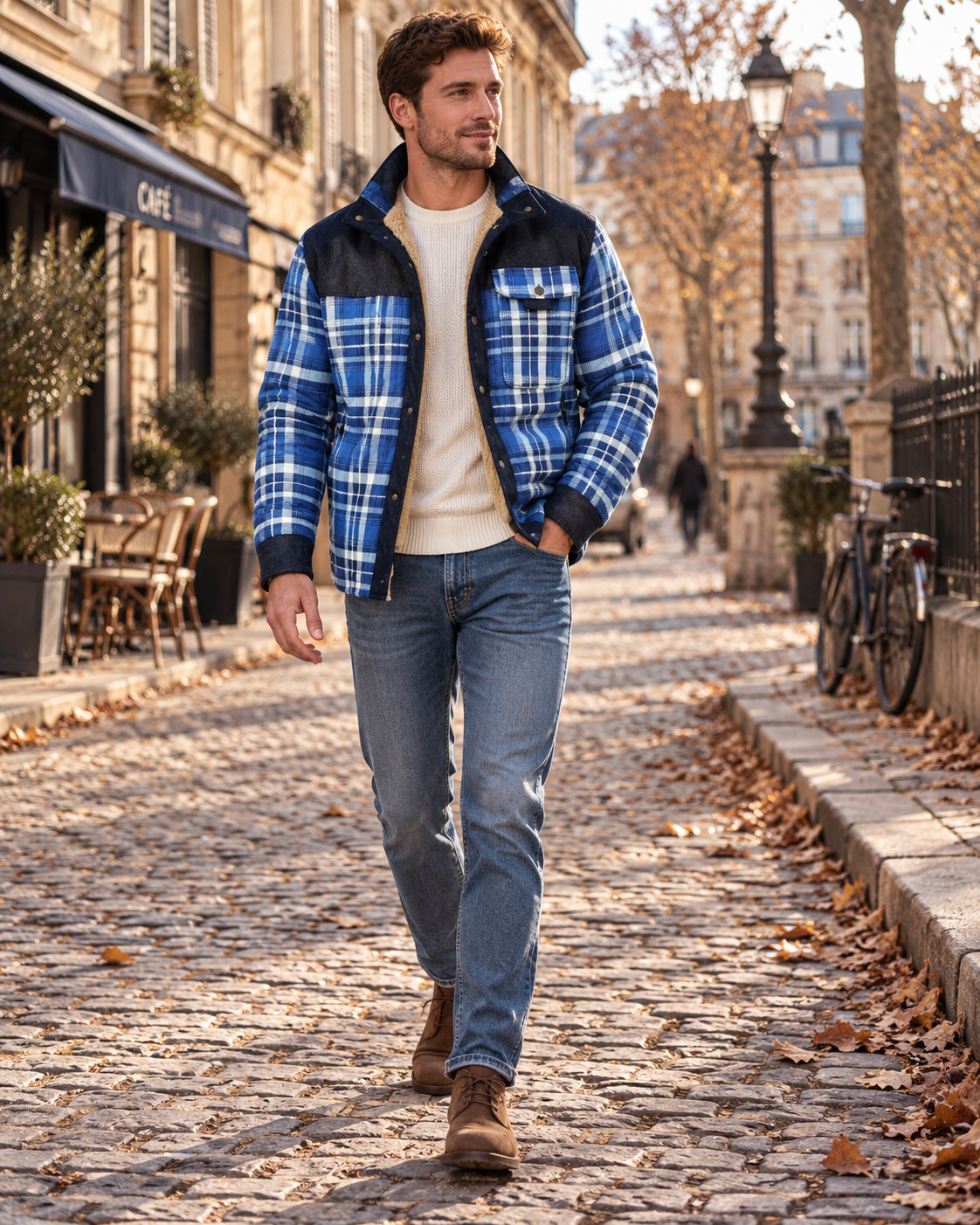 Cleo Sobrecamisa de cuadros para hombre con forro de borreguito - Pana y bolsillo en el pecho