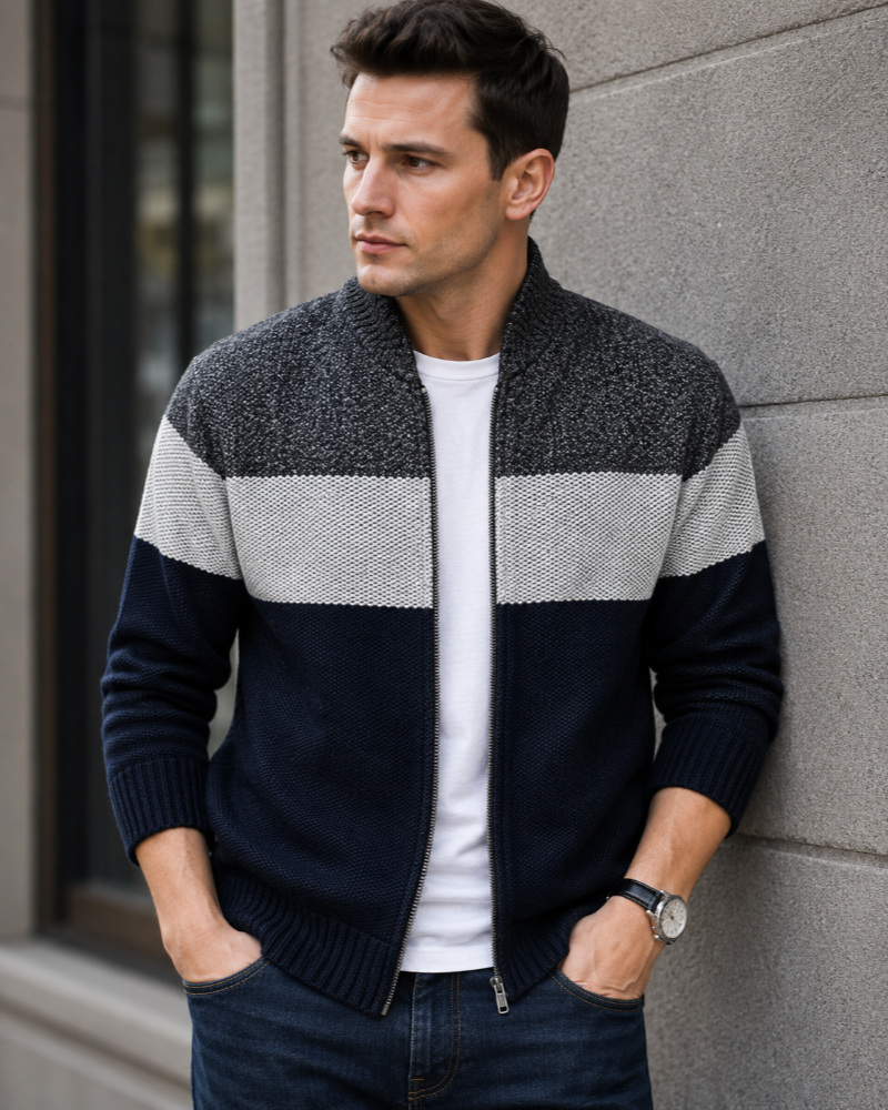 Cardigã masculino Quentin com fecho de correr – malha com blocos de cor, gola subida e mangas compridas