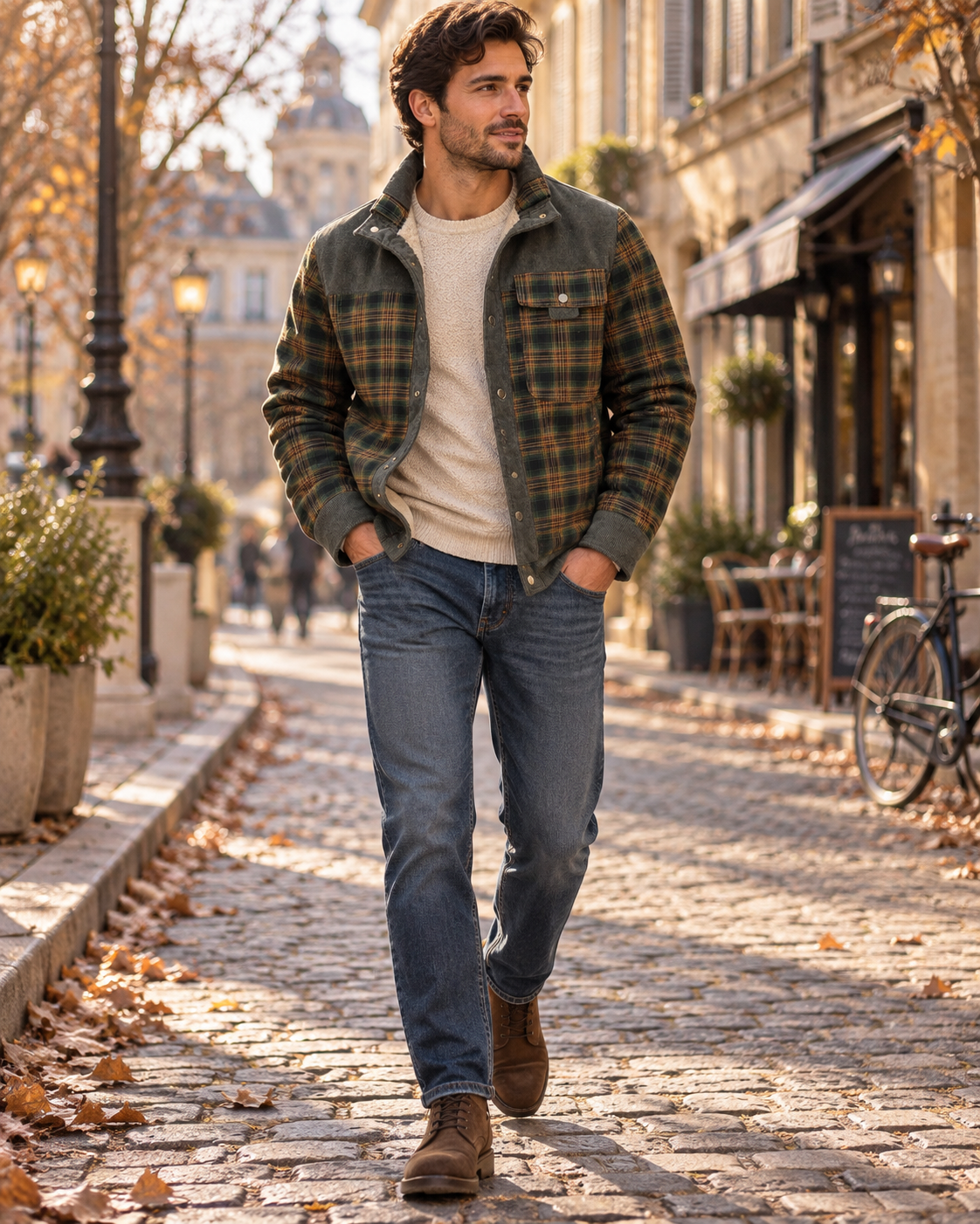Cleo Sobrecamisa de cuadros para hombre con forro de borreguito - Pana y bolsillo en el pecho