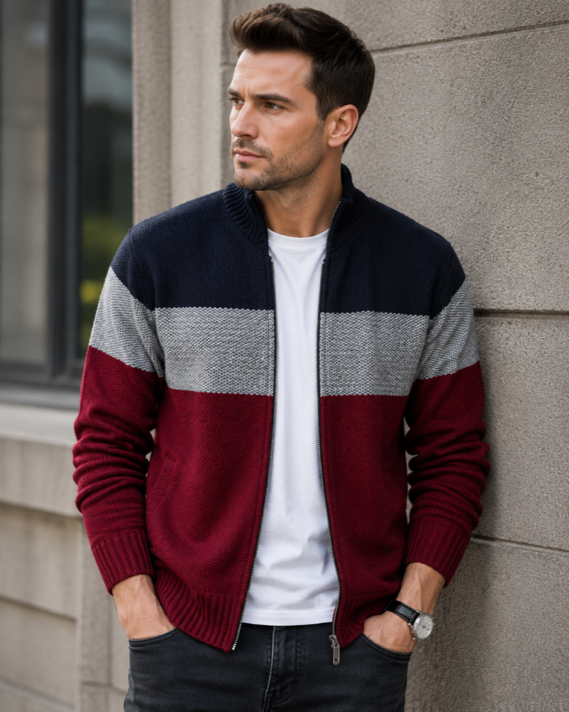 Cárdigan Quentin con cremallera para hombre – Punto de bloques de color, cuello alto y mangas largas