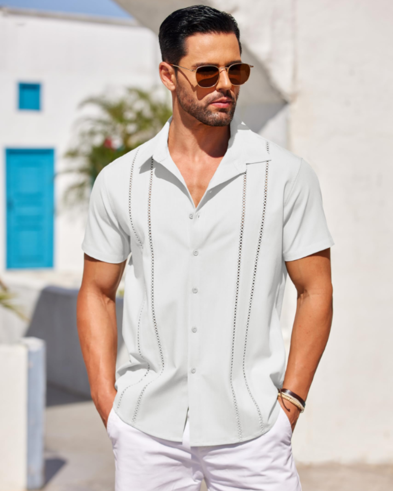 Pánská košile Marco Guayabera – kubánská košile s krátkými rukávy, lněný styl, plážová