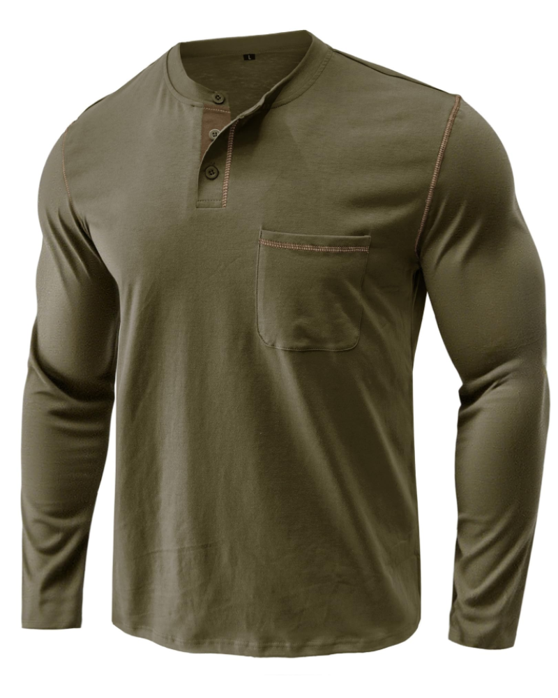 Owen T-Shirt Henley Homme – Haut Manches Longues en Coton Boutonné