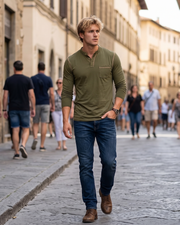 Owen T-Shirt Henley Homme – Haut Manches Longues en Coton Boutonné