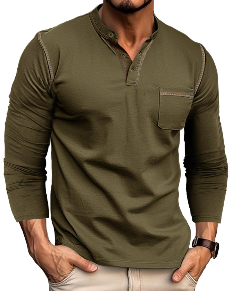 Owen T-Shirt Henley Homme – Haut Manches Longues en Coton Boutonné