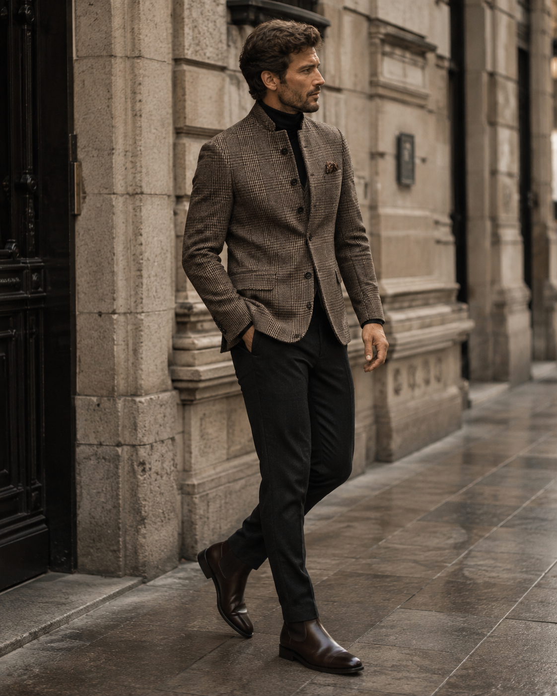 Alistair Veste Tweed Homme – Motif à Carreaux, Col Montant & Coupe Ajustée
