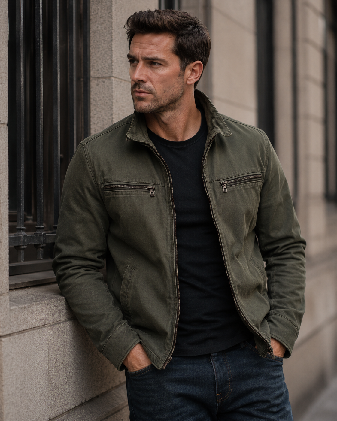 Evander Veste Zippée Homme – Coton Délavé, Col à Revers & Style Vintage