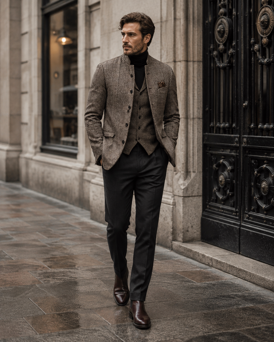 Alistair Veste Tweed Homme – Motif à Carreaux, Col Montant & Coupe Ajustée