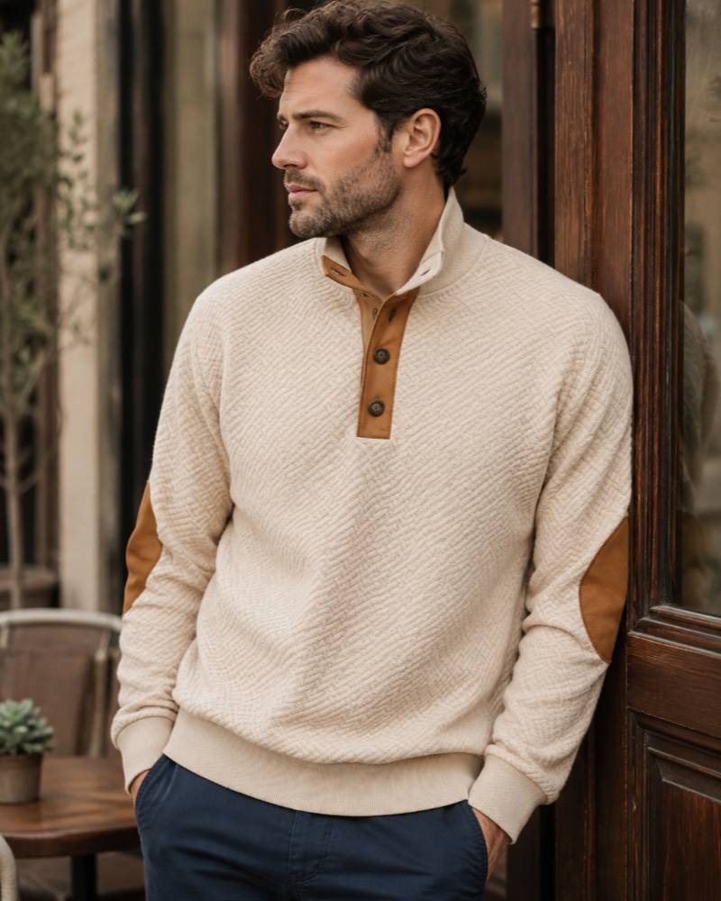 Jersey de cuello redondo Declan para hombre – tejido jacquard con refuerzos en los codos