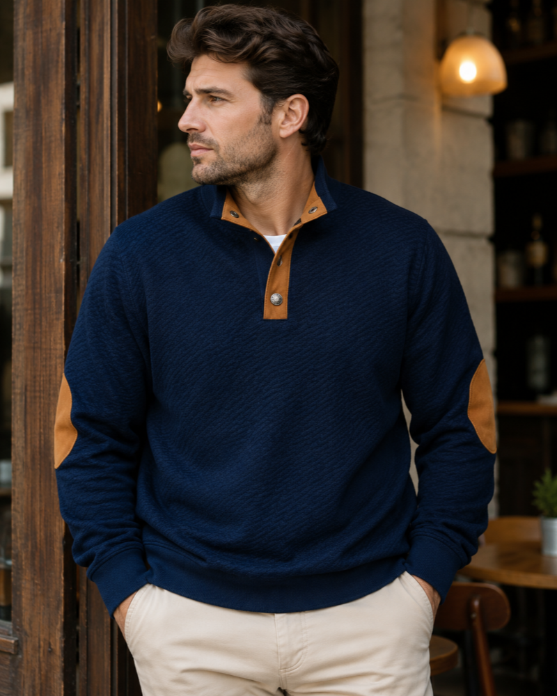 Jersey de cuello redondo Declan para hombre – tejido jacquard con refuerzos en los codos