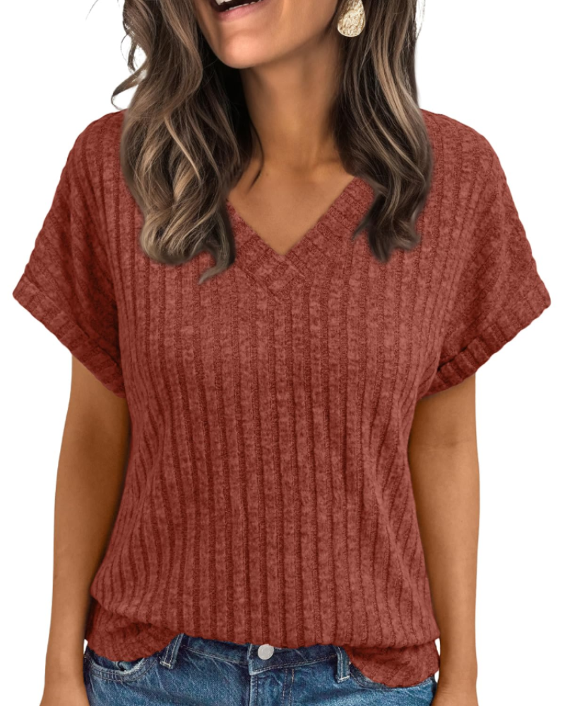 Orla Top Femme – Elegant V-halsbluse med korte ærmer, afslappet og chic løs pasform