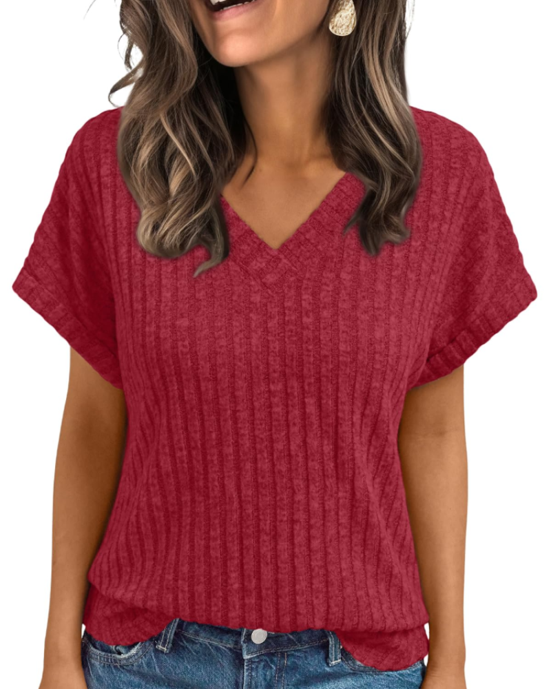 Orla Top Femme – Elegant V-halsbluse med korte ærmer, afslappet og chic løs pasform