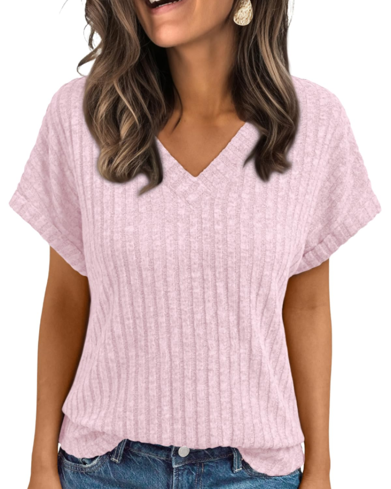 Orla Top Femme – Elegant V-halsbluse med korte ærmer, afslappet og chic løs pasform