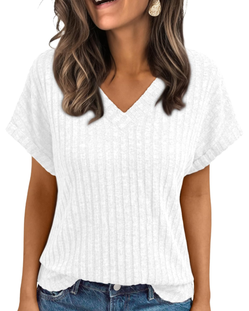 Orla Top Femme – Elegant V-halsbluse med korte ærmer, afslappet og chic løs pasform