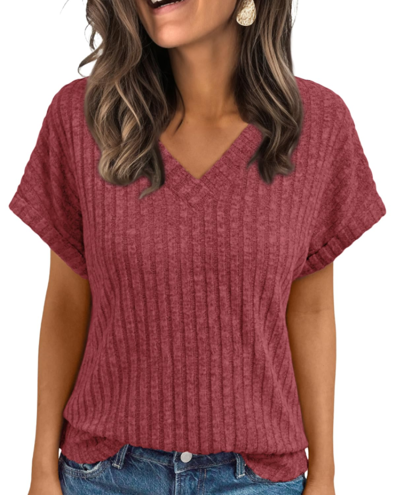 Orla Top Femme – Elegant V-halsbluse med korte ærmer, afslappet og chic løs pasform