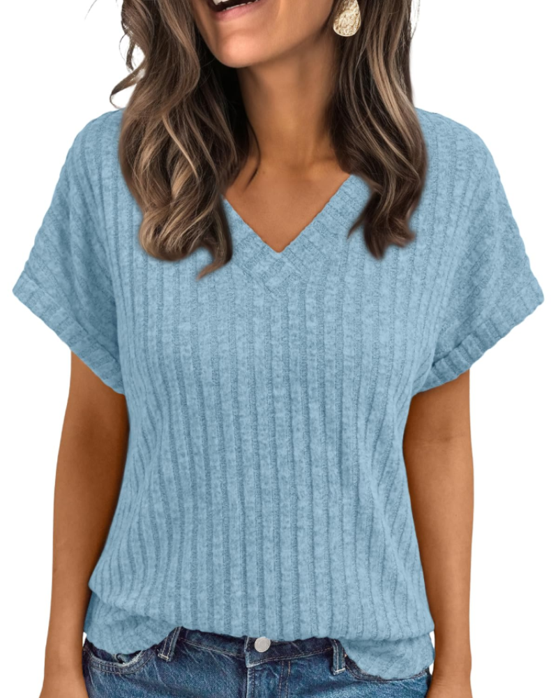 Orla Top Femme – Elegant V-halsbluse med korte ærmer, afslappet og chic løs pasform