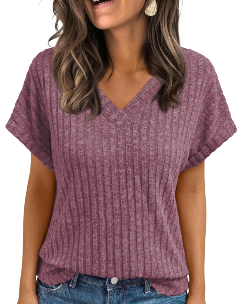 Orla Top Femme – Elegant V-halsbluse med korte ærmer, afslappet og chic løs pasform